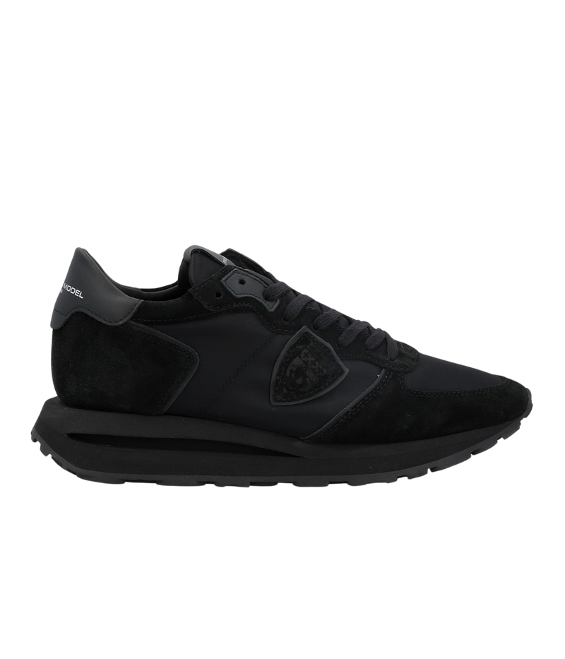 Philippe Model all-black Tropez sneakers in suede and technical fabric with side shield, memory foam insole, and lightweight rubber sole.