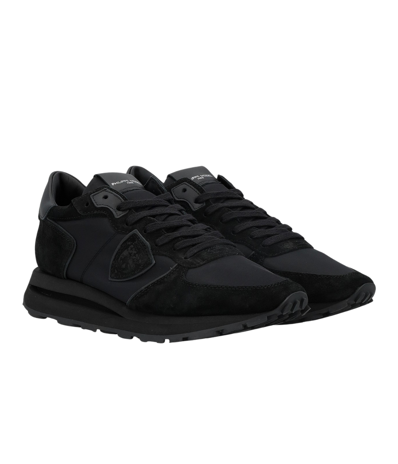 Philippe Model all-black Tropez sneakers in suede and technical fabric with side shield, memory foam insole, and lightweight rubber sole.