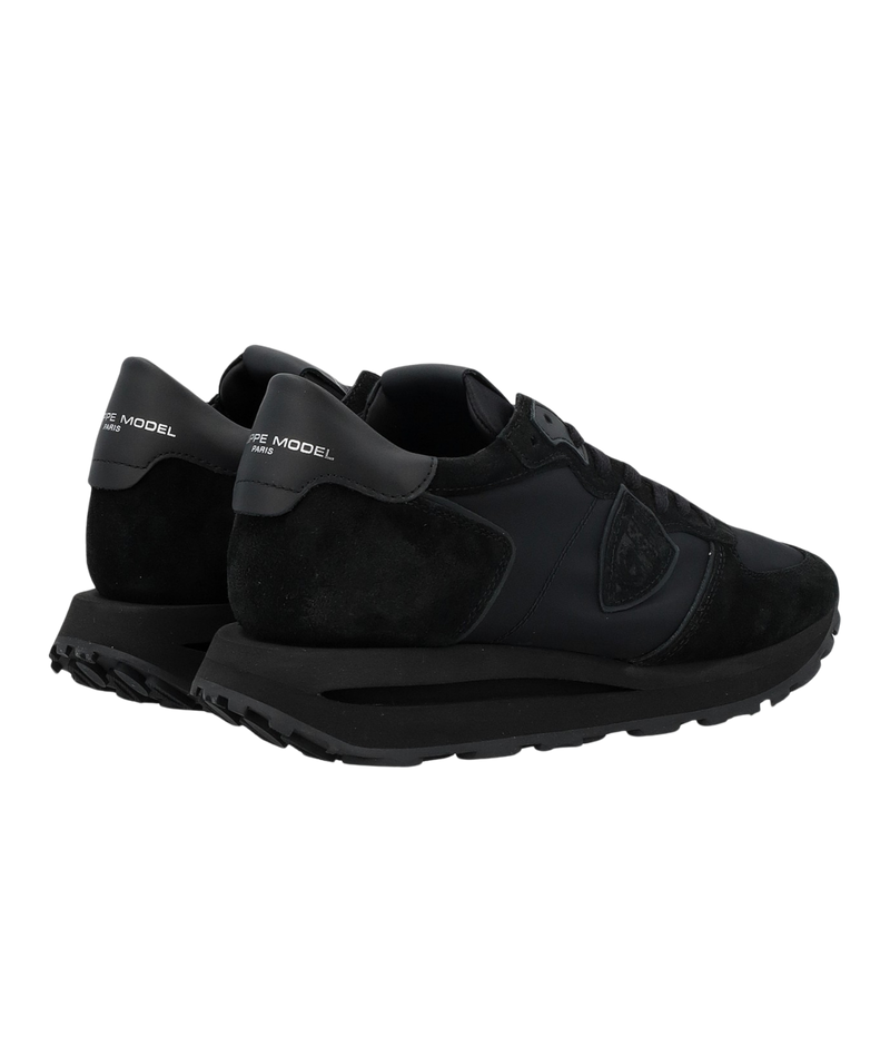 Philippe Model all-black Tropez sneakers in suede and technical fabric with side shield, memory foam insole, and lightweight rubber sole.