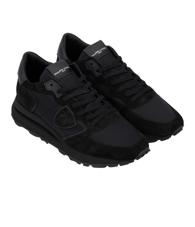 Philippe Model all-black Tropez sneakers in suede and technical fabric with side shield, memory foam insole, and lightweight rubber sole.