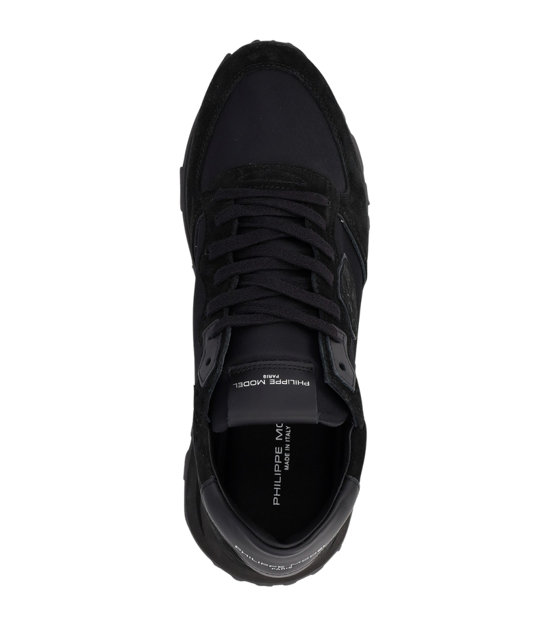 Philippe Model all-black Tropez sneakers in suede and technical fabric with side shield, memory foam insole, and lightweight rubber sole.