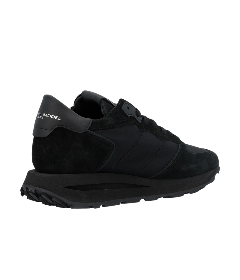 Philippe Model all-black Tropez sneakers in suede and technical fabric with side shield, memory foam insole, and lightweight rubber sole.