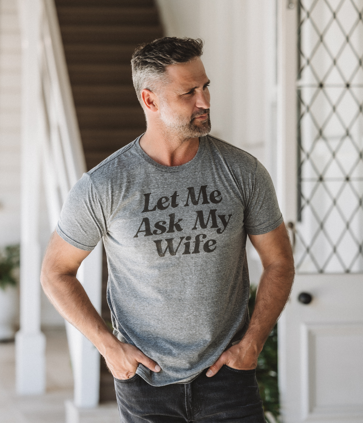 Men’s relaxed-fit “Let Me Ask My Wife” graphic tee in soft cotton-blend, casual and humorous everyday wear.