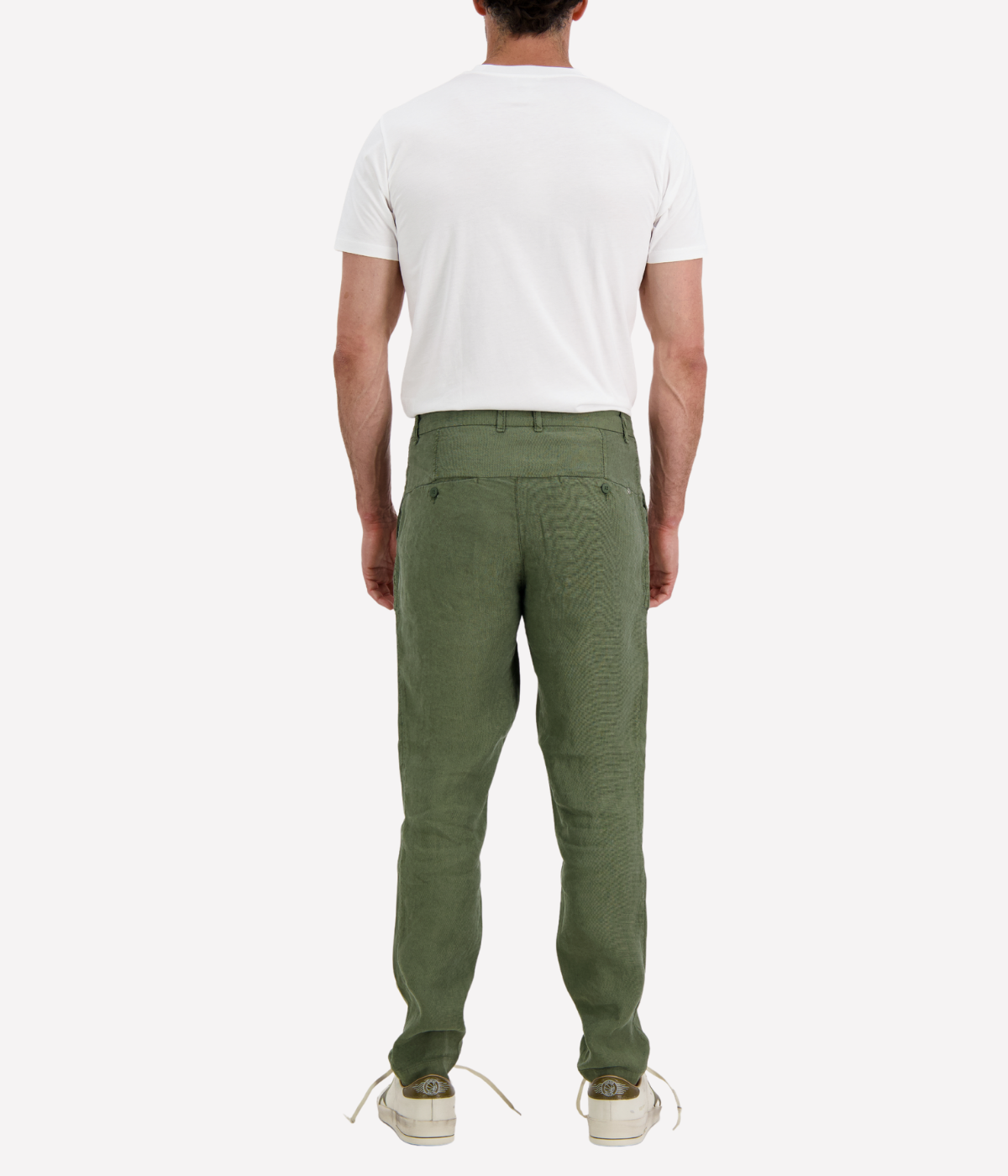 Men’s Transit linen blend trousers in light neutral tone with welt pockets and button closure, made in Italy.