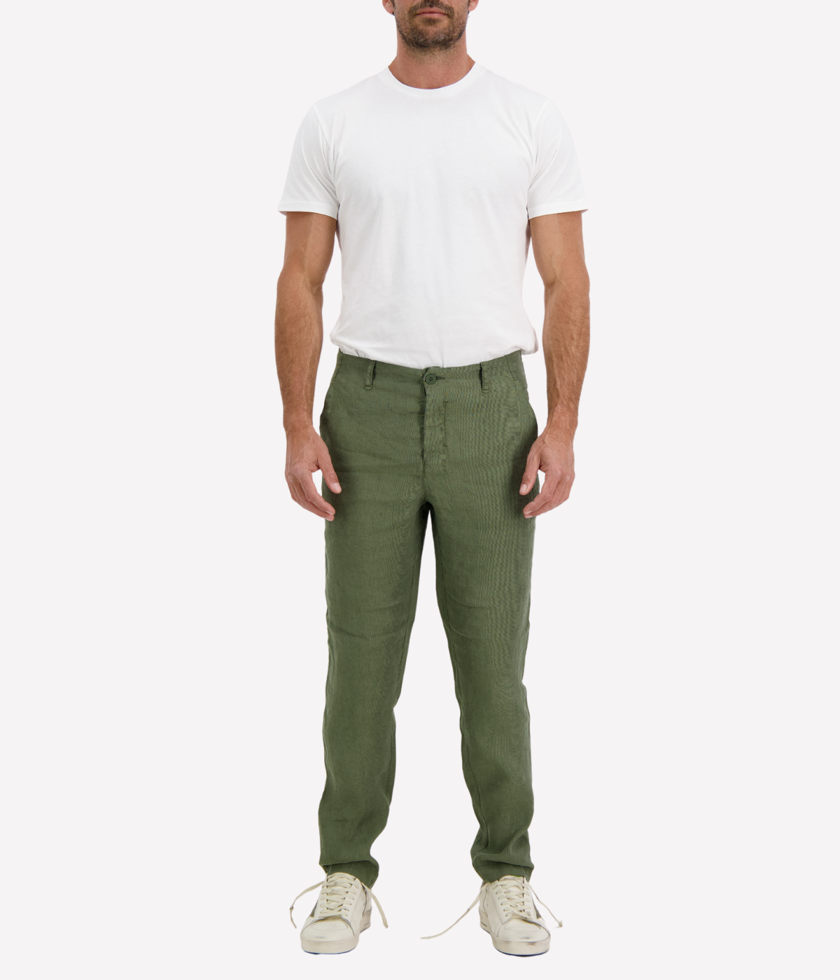 Men’s Transit linen blend trousers in light neutral tone with welt pockets and button closure, made in Italy.