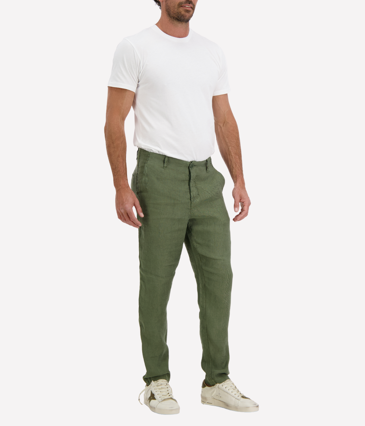Men’s Transit linen blend trousers in light neutral tone with welt pockets and button closure, made in Italy.