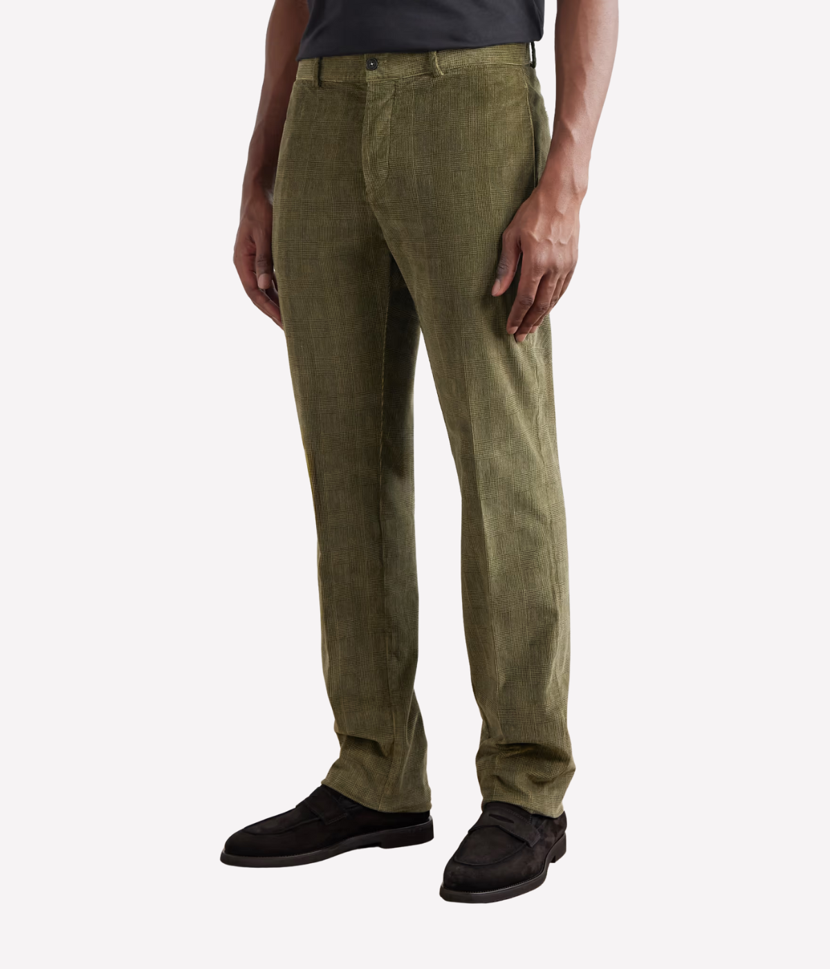 Massimo Alba Mauko trousers in tonal green Prince of Wales check corduroy with straight-leg fit, mid-rise, and unfinished hems.