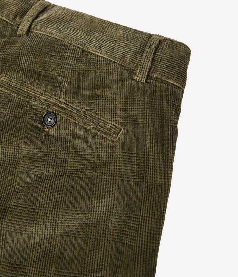 Massimo Alba Mauko trousers in tonal green Prince of Wales check corduroy with straight-leg fit, mid-rise, and unfinished hems.