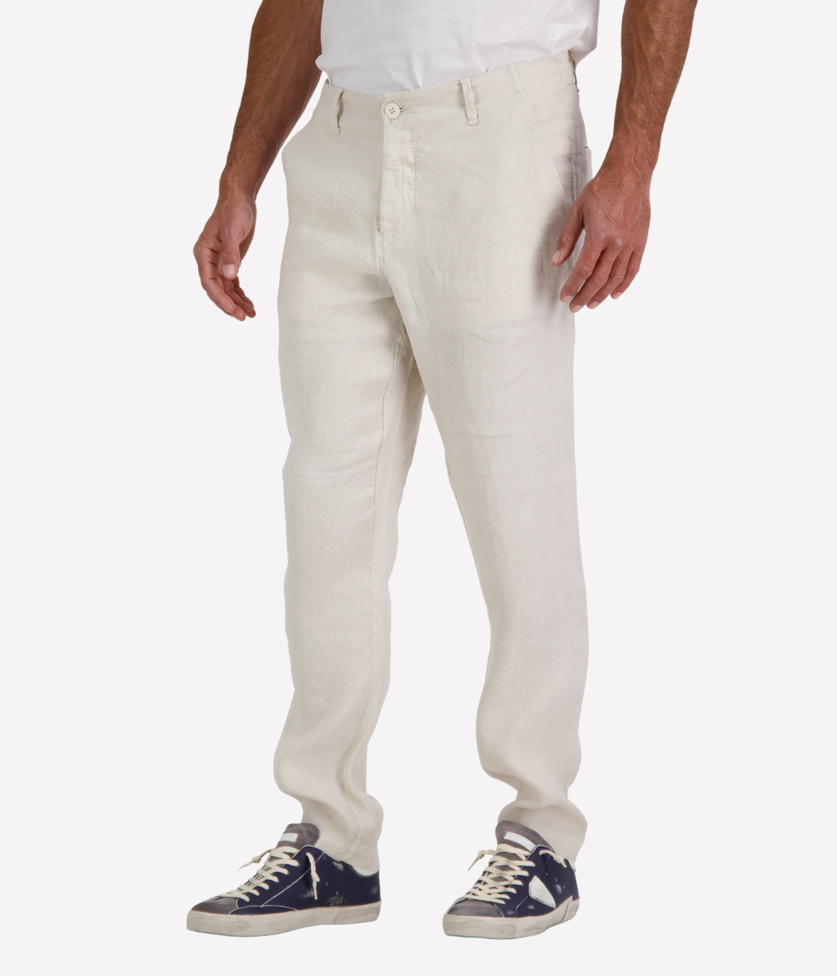 Men’s Transit linen blend trousers in light neutral tone with welt pockets and button closure, made in Italy.