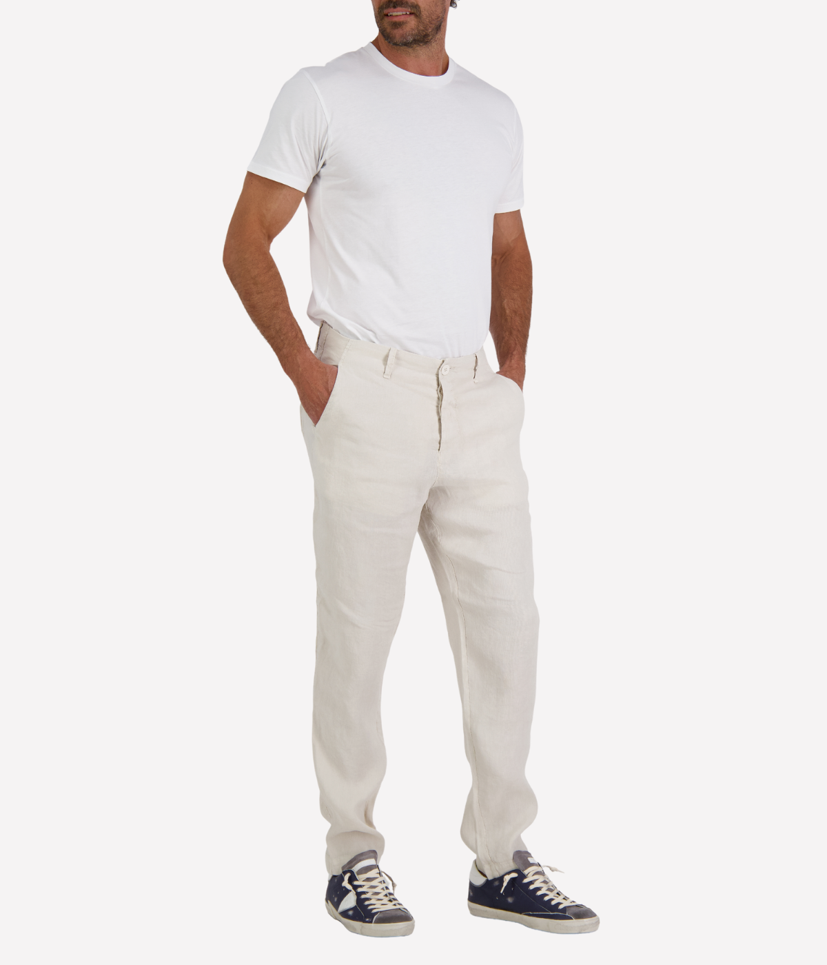 Men’s Transit linen blend trousers in light neutral tone with welt pockets and button closure, made in Italy.