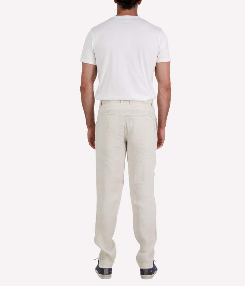 Men’s Transit linen blend trousers in light neutral tone with welt pockets and button closure, made in Italy.