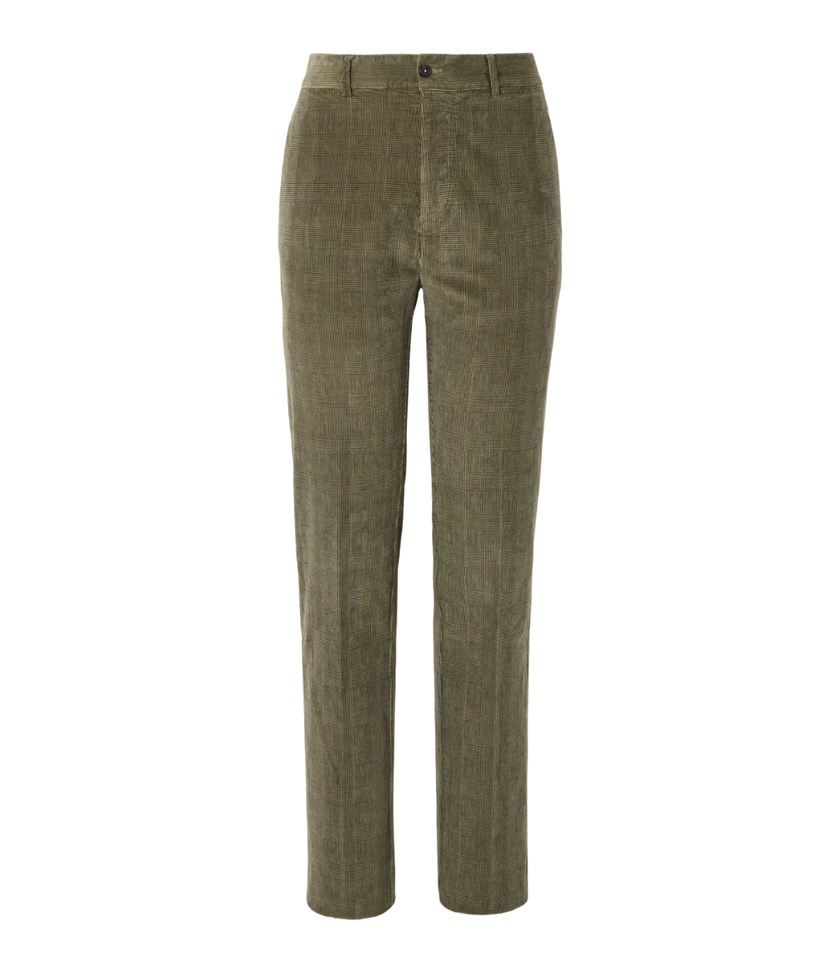 Massimo Alba Mauko trousers in tonal green Prince of Wales check corduroy with straight-leg fit, mid-rise, and unfinished hems.