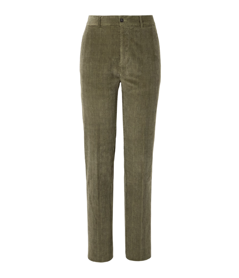 Massimo Alba Mauko trousers in tonal green Prince of Wales check corduroy with straight-leg fit, mid-rise, and unfinished hems.