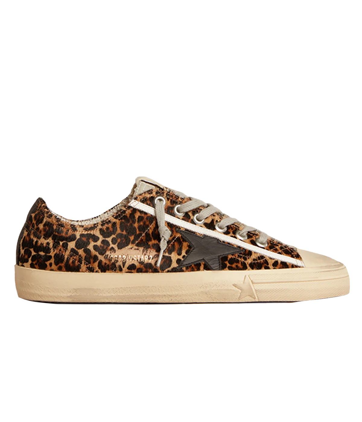 Leopard-print Golden Goose V-Star sneakers with a black leather star, suede tongue, and vintage-finish sole.