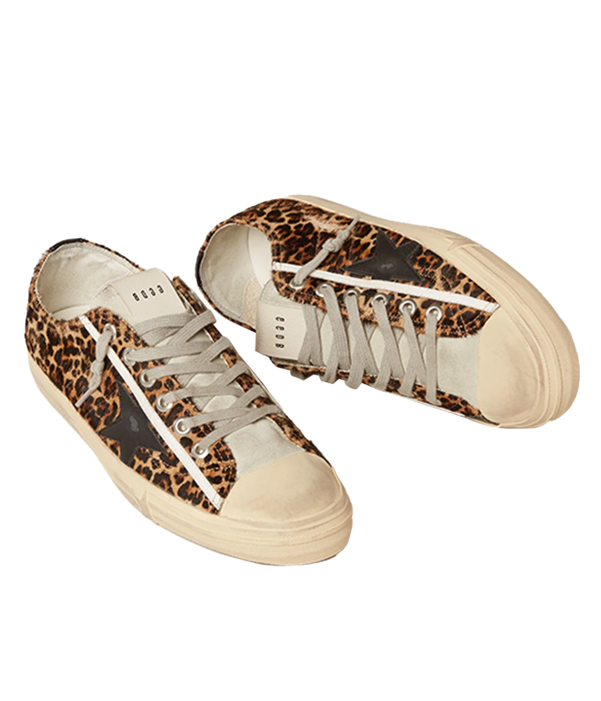 Leopard-print Golden Goose V-Star sneakers with a black leather star, suede tongue, and vintage-finish sole.