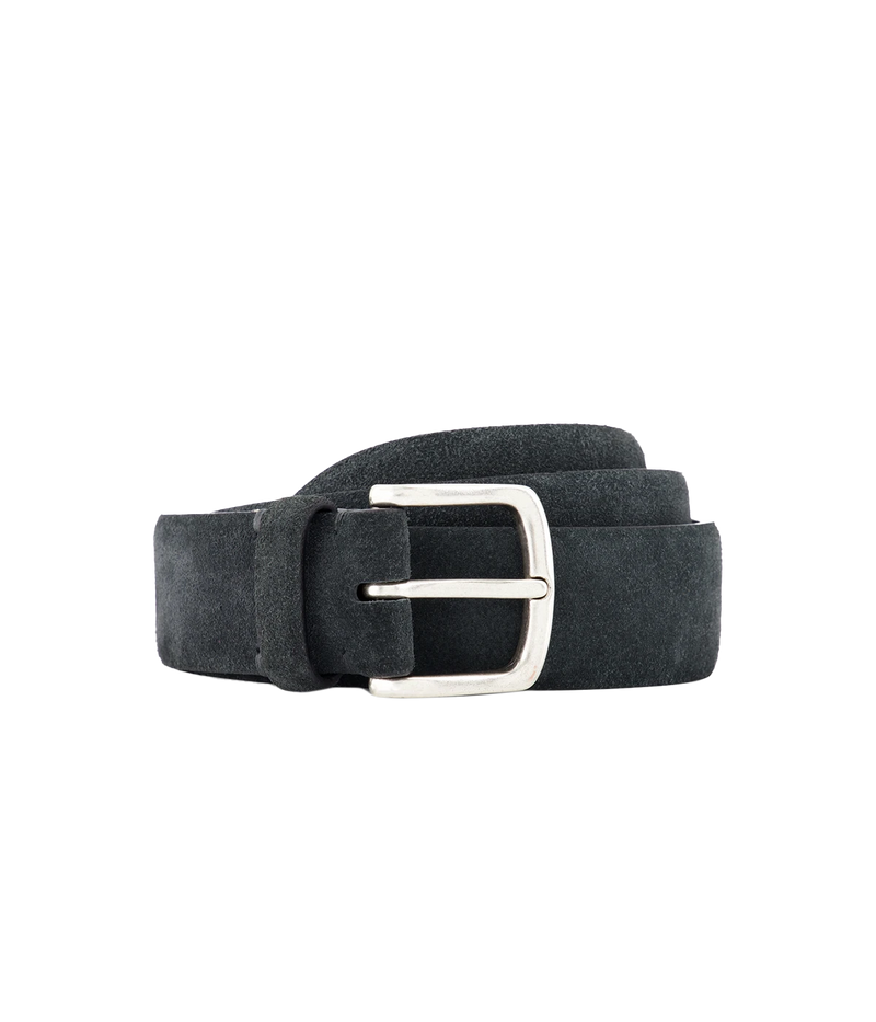 Men’s charcoal velour leather belt with silver hardware, featuring a soft matte texture and a refined, versatile design.