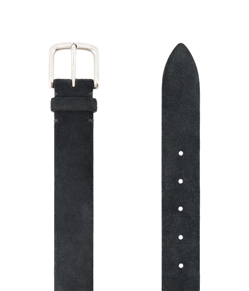 Men’s charcoal velour leather belt with silver hardware, featuring a soft matte texture and a refined, versatile design.