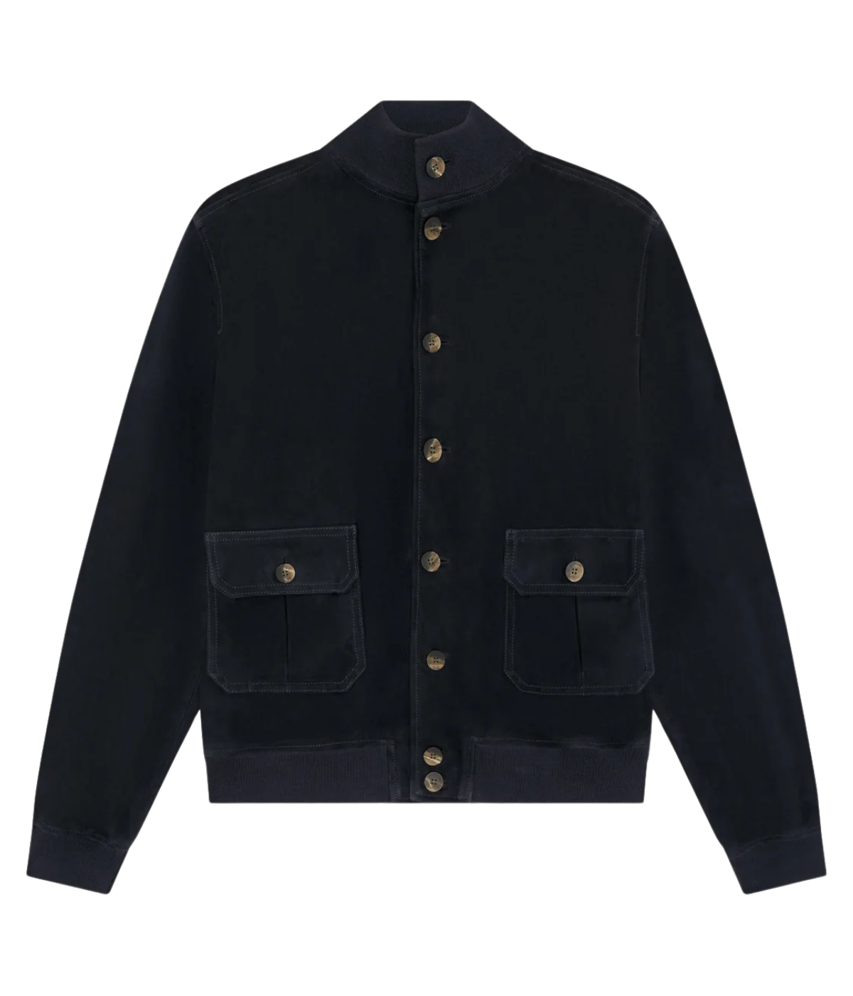 Frescobol Carioca Vicente suede bomber jacket in soft goat suede with tonal ribbed collar, button fastening, and functional patch pockets, fully lined