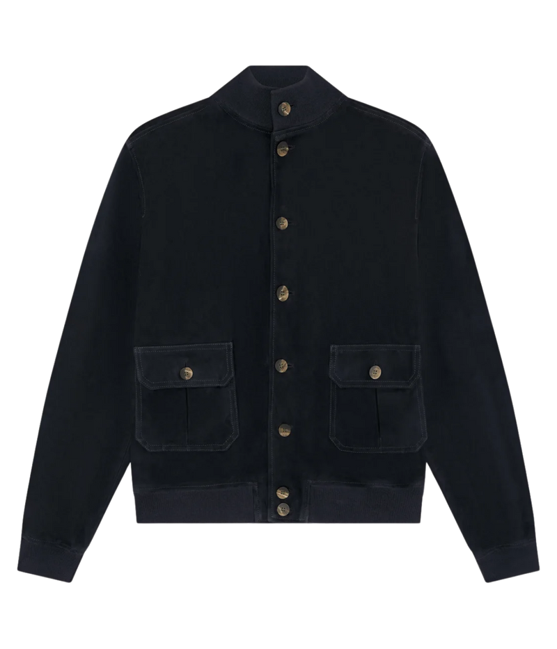Frescobol Carioca Vicente suede bomber jacket in soft goat suede with tonal ribbed collar, button fastening, and functional patch pockets, fully lined
