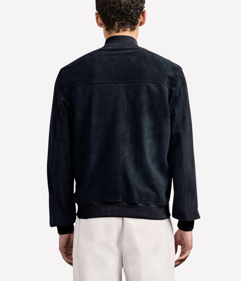 Frescobol Carioca Vicente suede bomber jacket in soft goat suede with tonal ribbed collar, button fastening, and functional patch pockets, fully lined