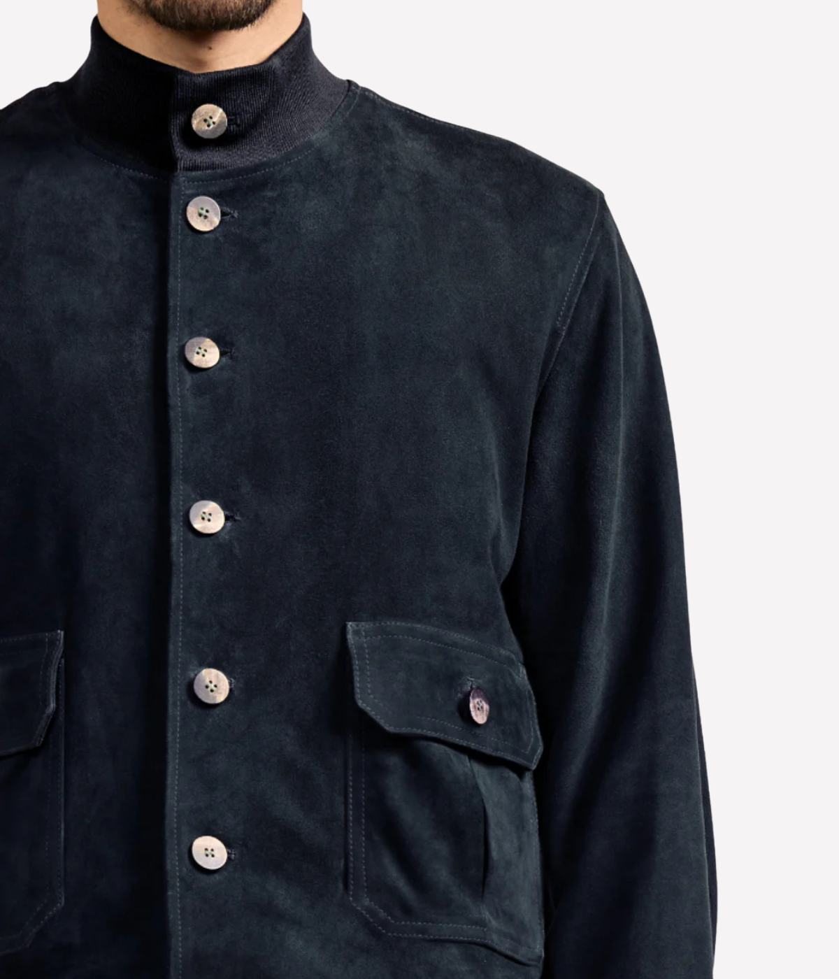 Frescobol Carioca Vicente suede bomber jacket in soft goat suede with tonal ribbed collar, button fastening, and functional patch pockets, fully lined