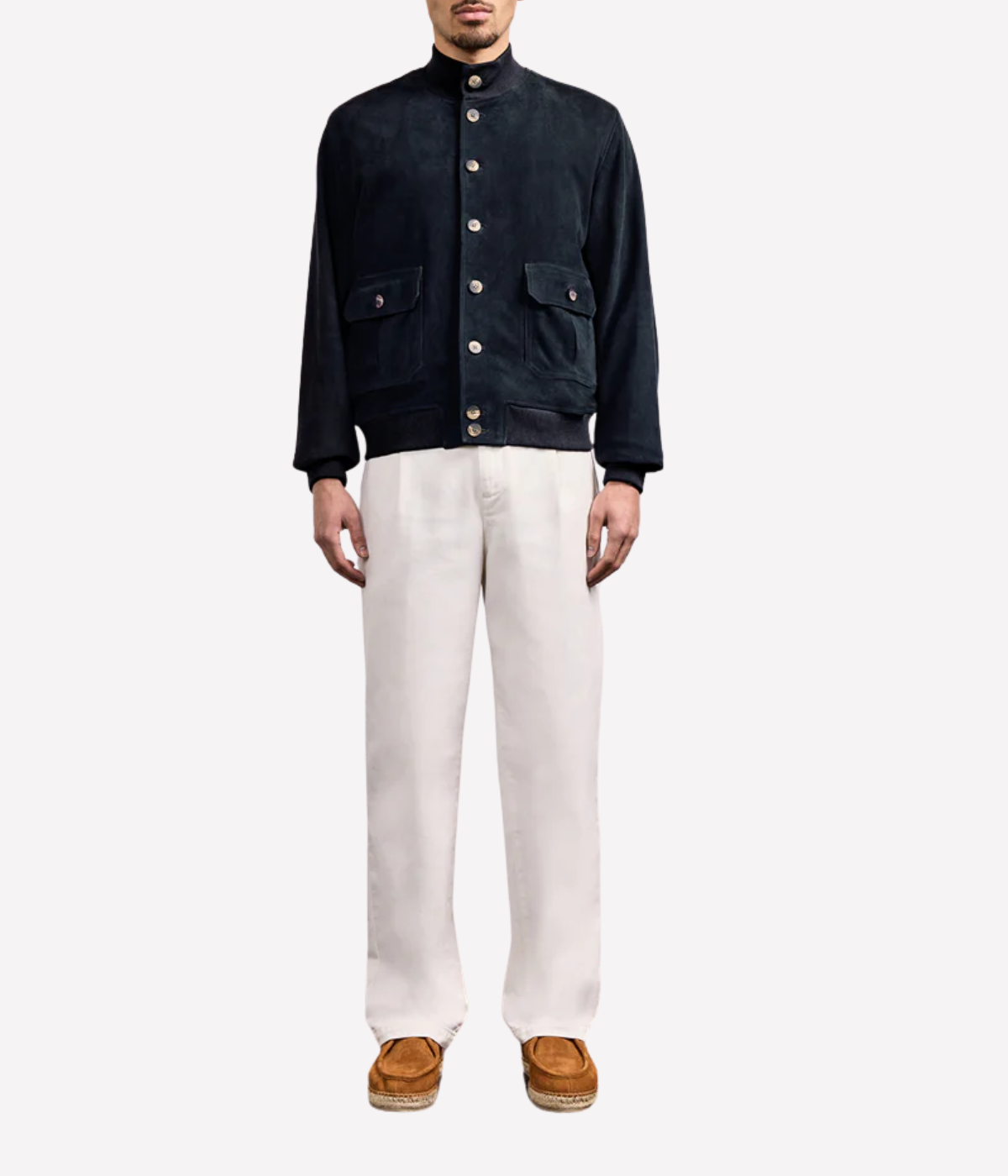 Frescobol Carioca Vicente suede bomber jacket in soft goat suede with tonal ribbed collar, button fastening, and functional patch pockets, fully lined