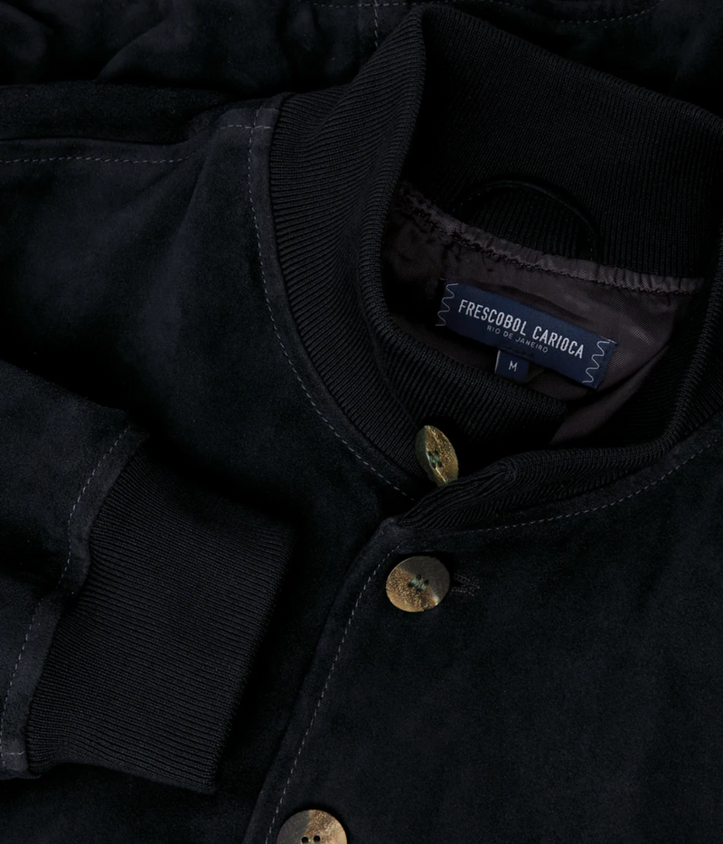 Frescobol Carioca Vicente suede bomber jacket in soft goat suede with tonal ribbed collar, button fastening, and functional patch pockets, fully lined
