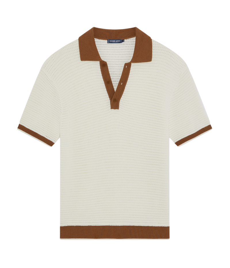 Vidal Cotton Crochet Short Sleeve Buttoned Polo in Ivory & Dark Almond