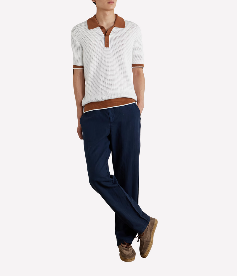 Vidal Cotton Crochet Short Sleeve Buttoned Polo in Ivory & Dark Almond