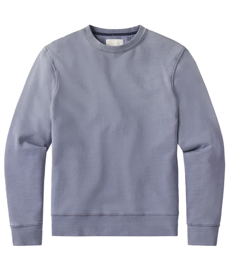 Vintage crewneck in 100% organic cotton, featuring a standard slim fit and indigo sueded fleece, softening over time, with detailed measurements for perfect layering.
