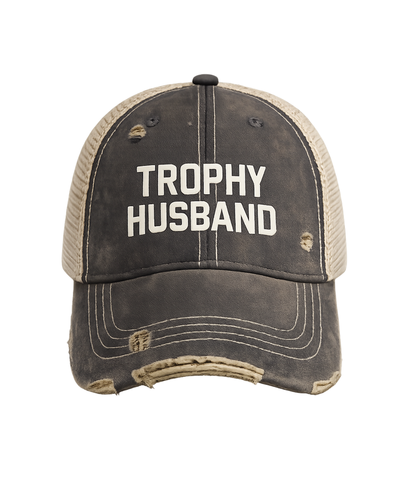 Cap with 'Trophy Husband' text on a white background