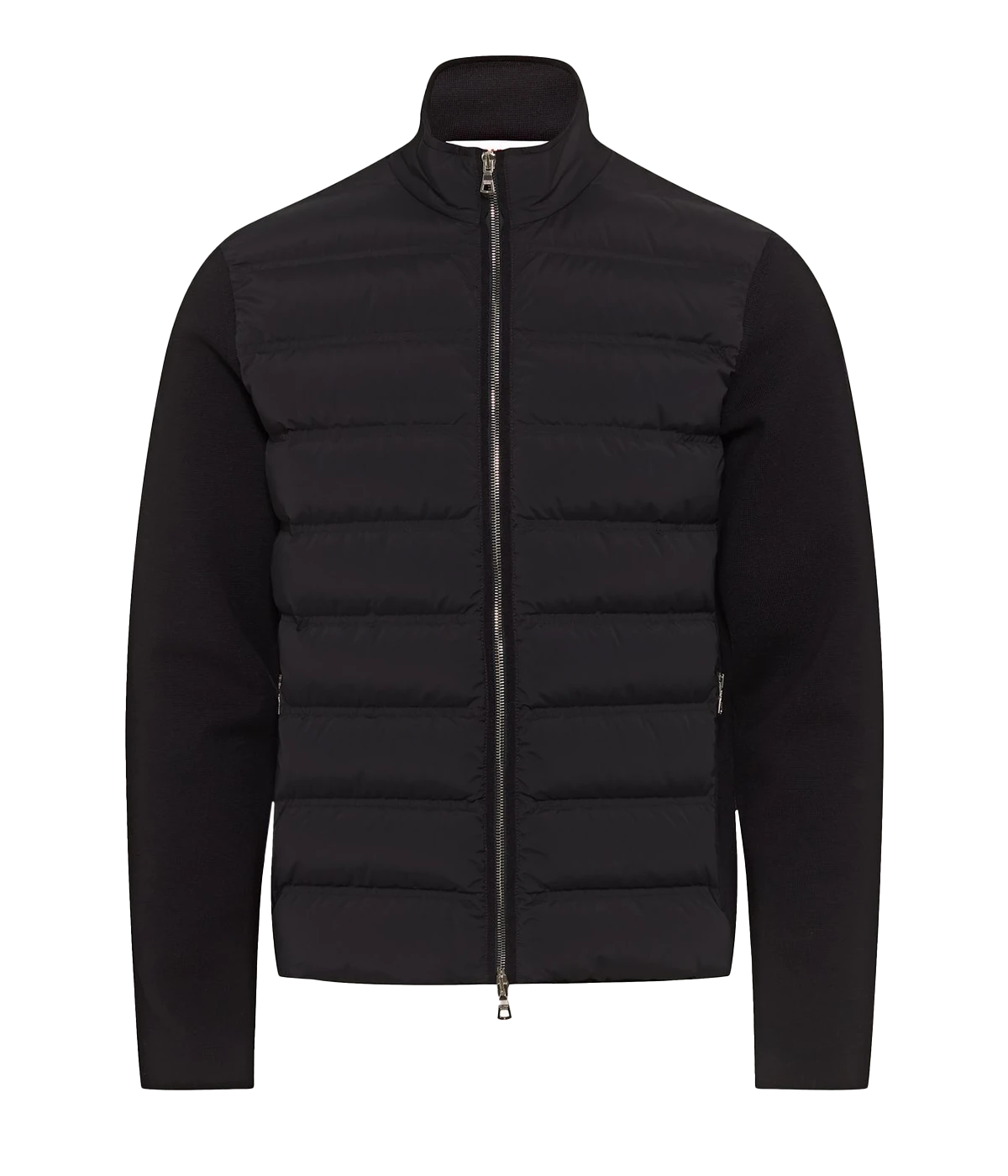 Orlebar Brown navy Wallace jacket with knitted sleeves, stretchy down-proof nylon body, and 650-fill power down for warmth, designed for active comfort and style.