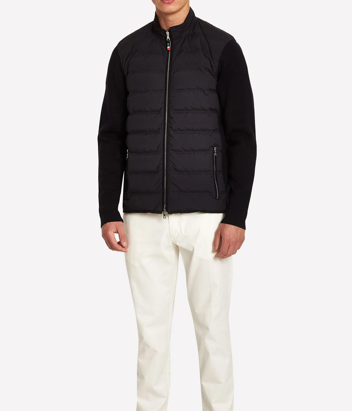 Orlebar Brown navy Wallace jacket with knitted sleeves, stretchy down-proof nylon body, and 650-fill power down for warmth, designed for active comfort and style.