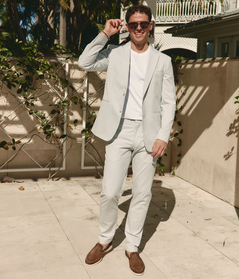 Men's Griffon striped seersucker trousers in lightweight Italian fabric with side adjusters and tailored fit – perfect for relaxed, stylish summer days