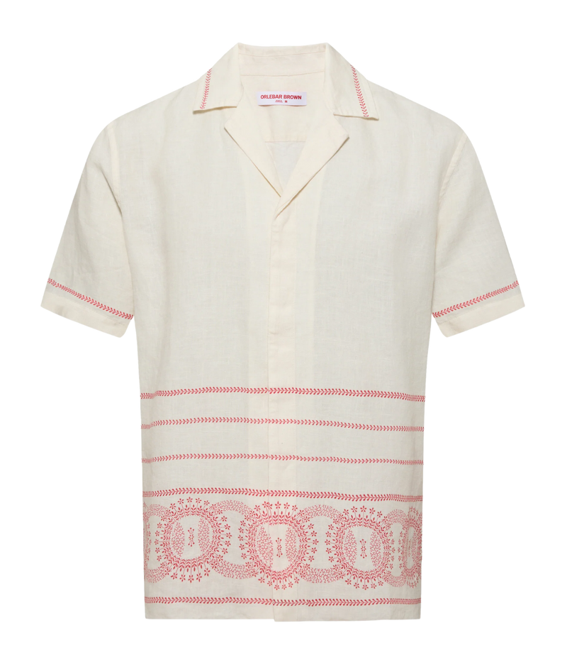 Maitan Linen Shirt in White Sand & Summer Red