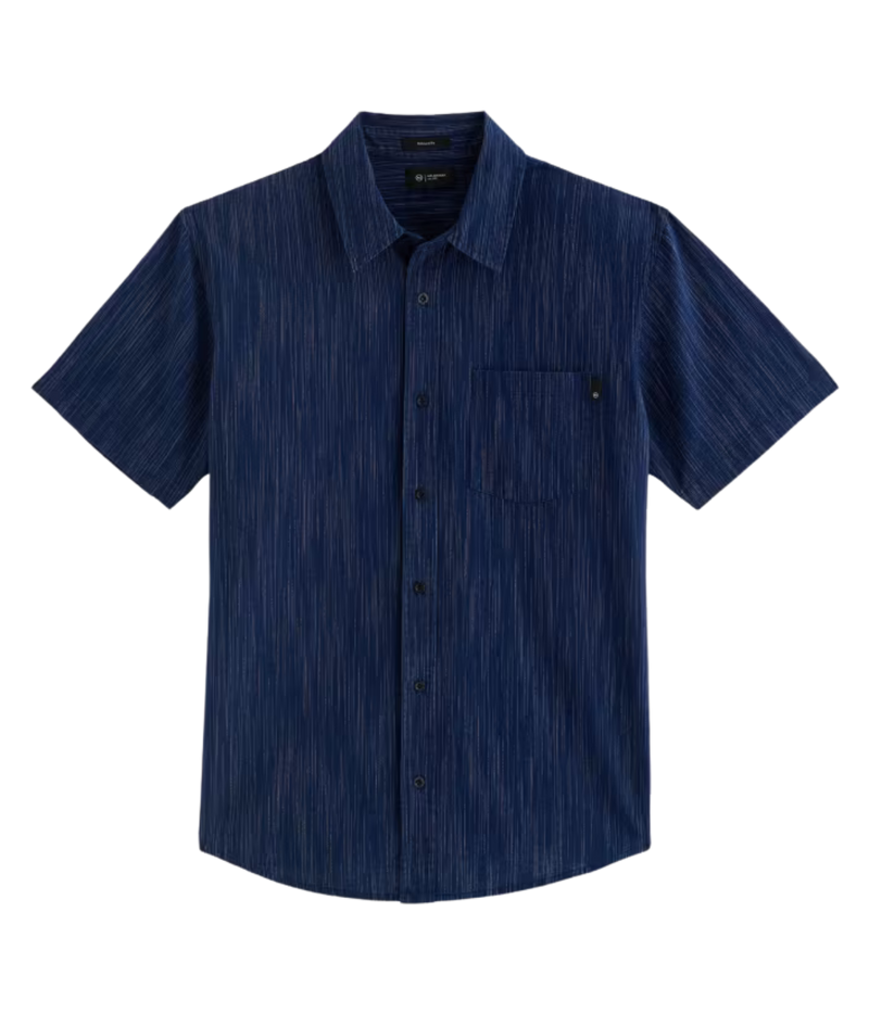 Relaxed short sleeve chambray shirt in a textured blue wash with chest pocket – the perfect laid-back summer button-up.