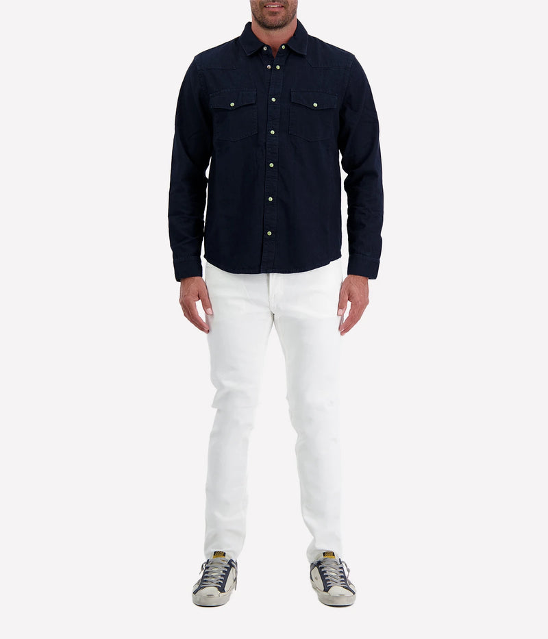 AG Wesley Western Shirt in navy with snap-button front, chest flap pockets, and Western-style stitching. Made from 100% cotton for a soft, lightweight feel.