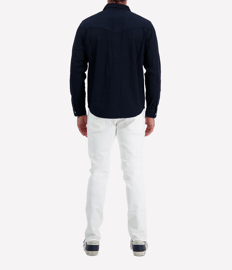 AG Wesley Western Shirt in navy with snap-button front, chest flap pockets, and Western-style stitching. Made from 100% cotton for a soft, lightweight feel.