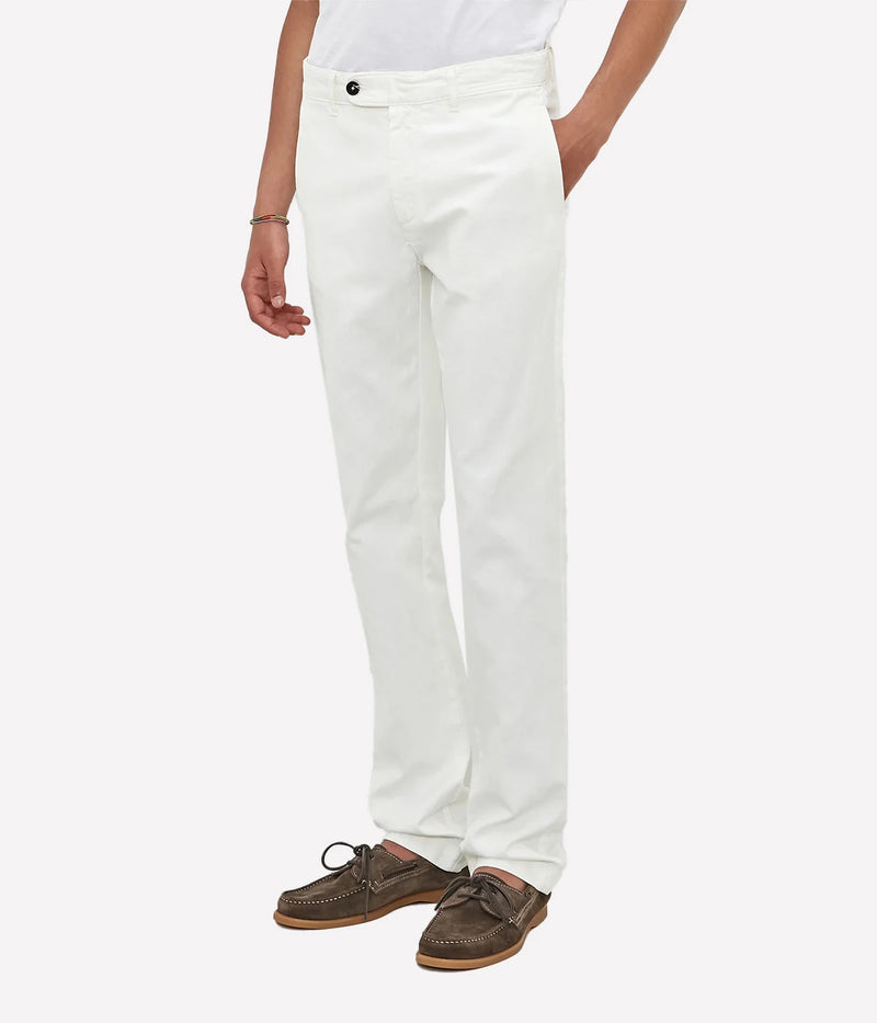 Men's regular-fit cotton-linen trousers with tab-button closure and welt pockets.
