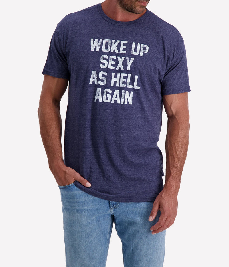 Retro-inspired "Woke Up Sexy" graphic T-shirt in a soft tri-blend fabric, perfect for effortless statement style.
