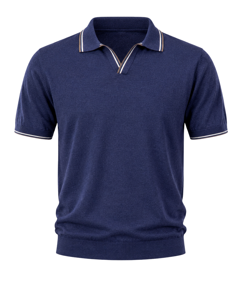 Tennis Short Sleeve Polo in Faded Navy Brown Strip