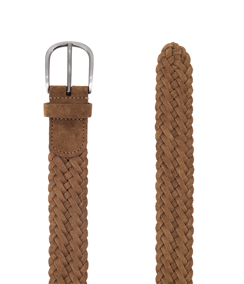 Anderson’s caramel woven suede belt, handcrafted in Italy with an intricate weave and a sleek silver buckle for a refined yet versatile look.