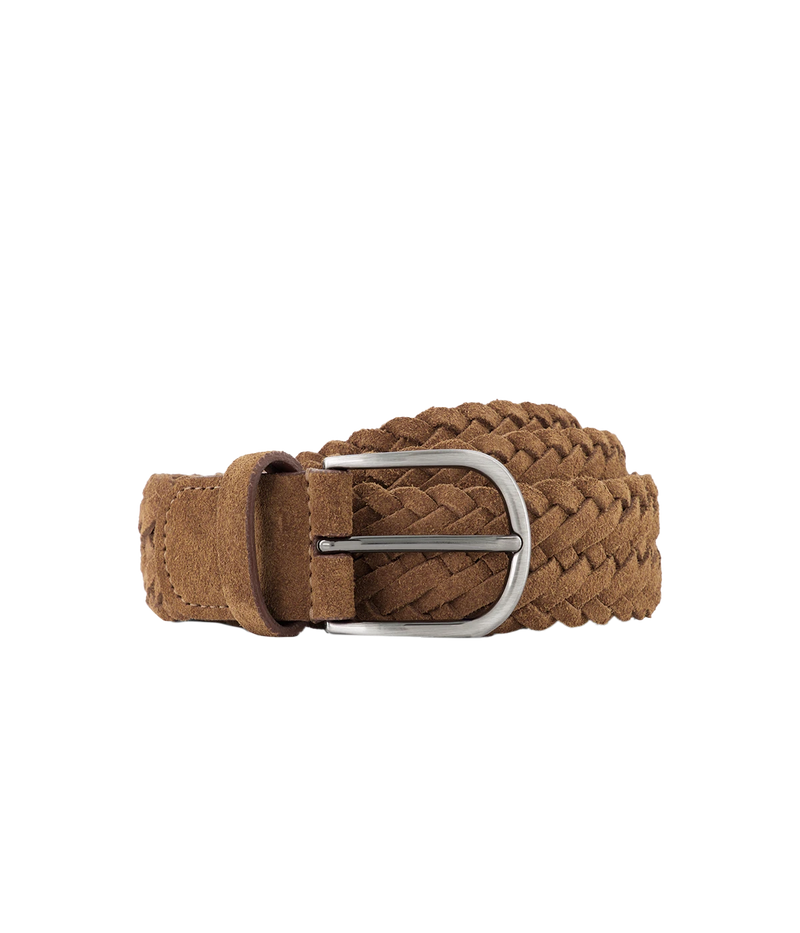 Anderson’s caramel woven suede belt, handcrafted in Italy with an intricate weave and a sleek silver buckle for a refined yet versatile look.
