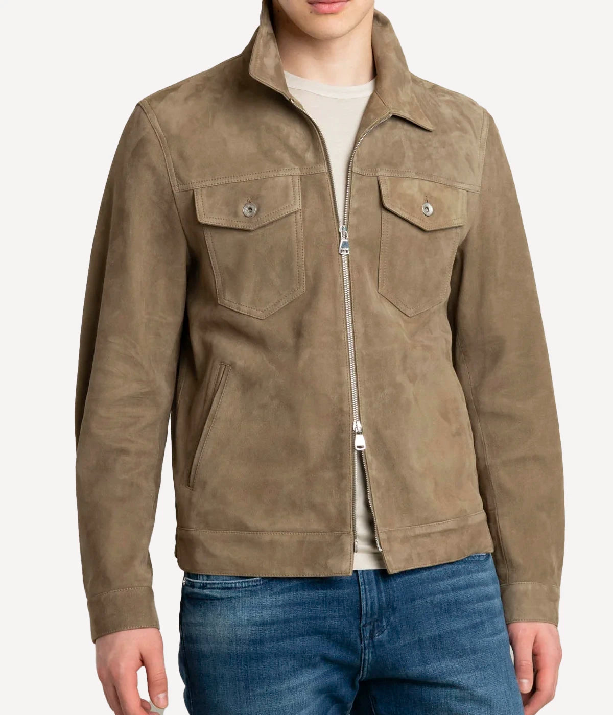 Zipped Trucker Soft Suede Jacket in Senape