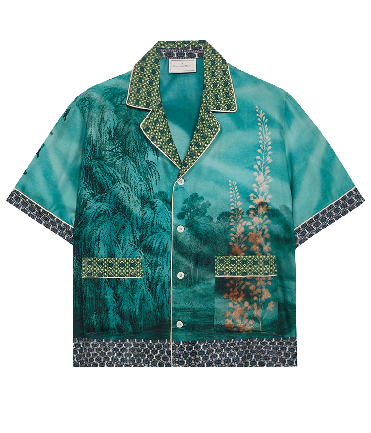 Short-sleeved silk shirt with teal landscape, botanical, and bird motifs, open collar, and button front.
