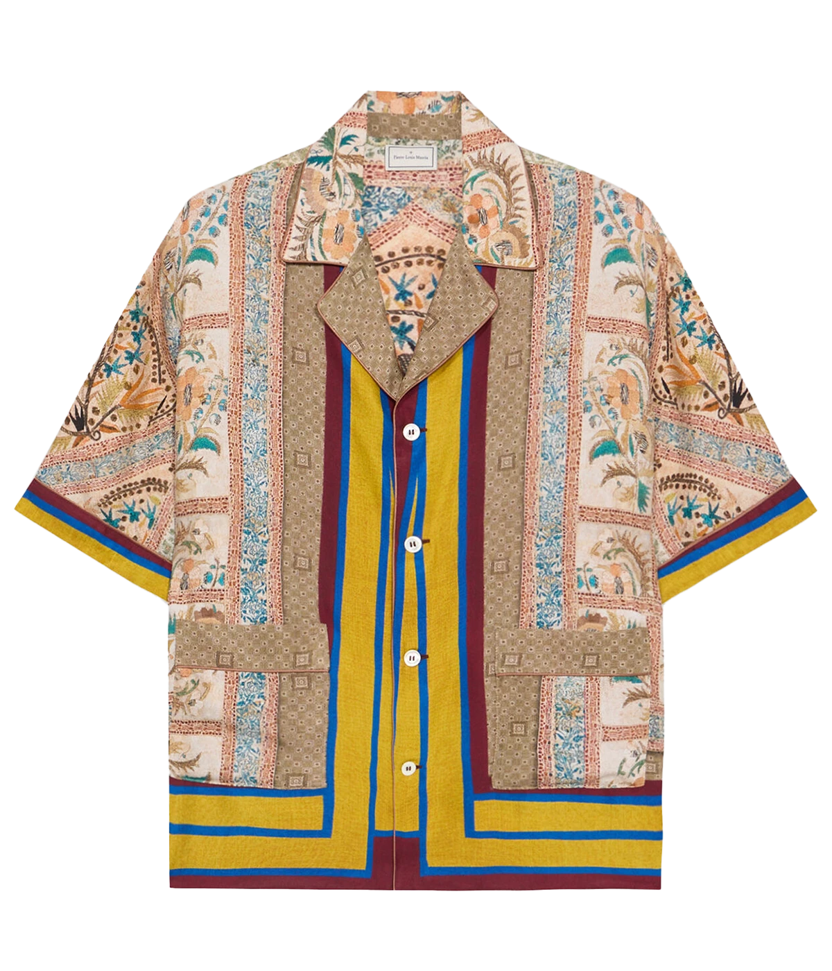 Warm-toned geometric print silk shirt with pops of blue and yellow, notched collar, and short sleeves.