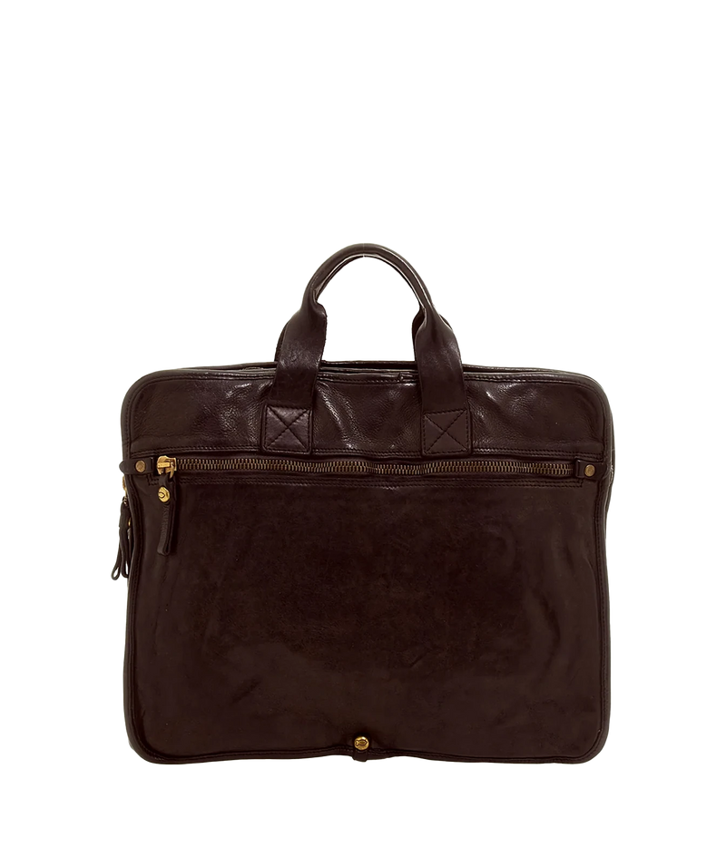 Front view of Campomaggi Briefcase in Brown showing the top handles and front zip pocket
