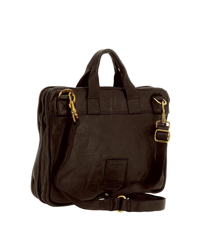 Back view of Campomaggi Briefcase in Brown with the leather shoulder strap attached
