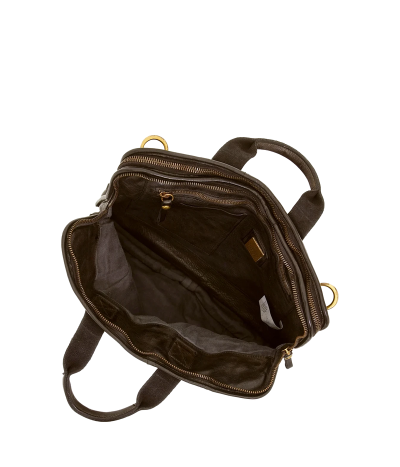 Open Campomaggi Briefcase in Brown showing the lined internal compartments