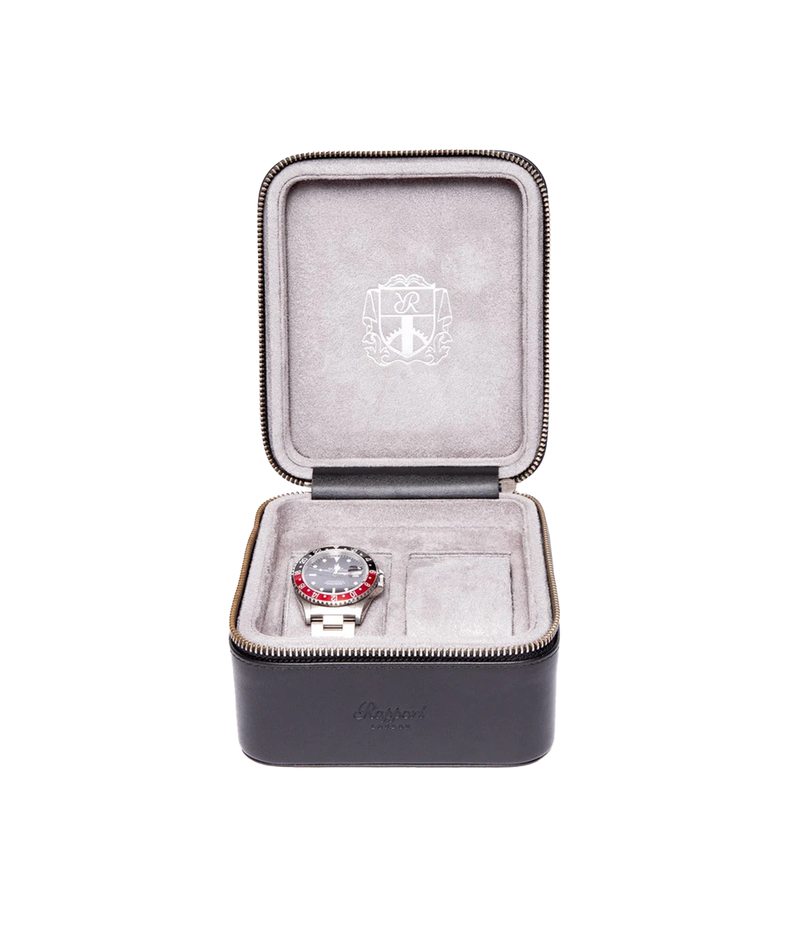 Hyde Park Two Watch Zip Case in Black Leather